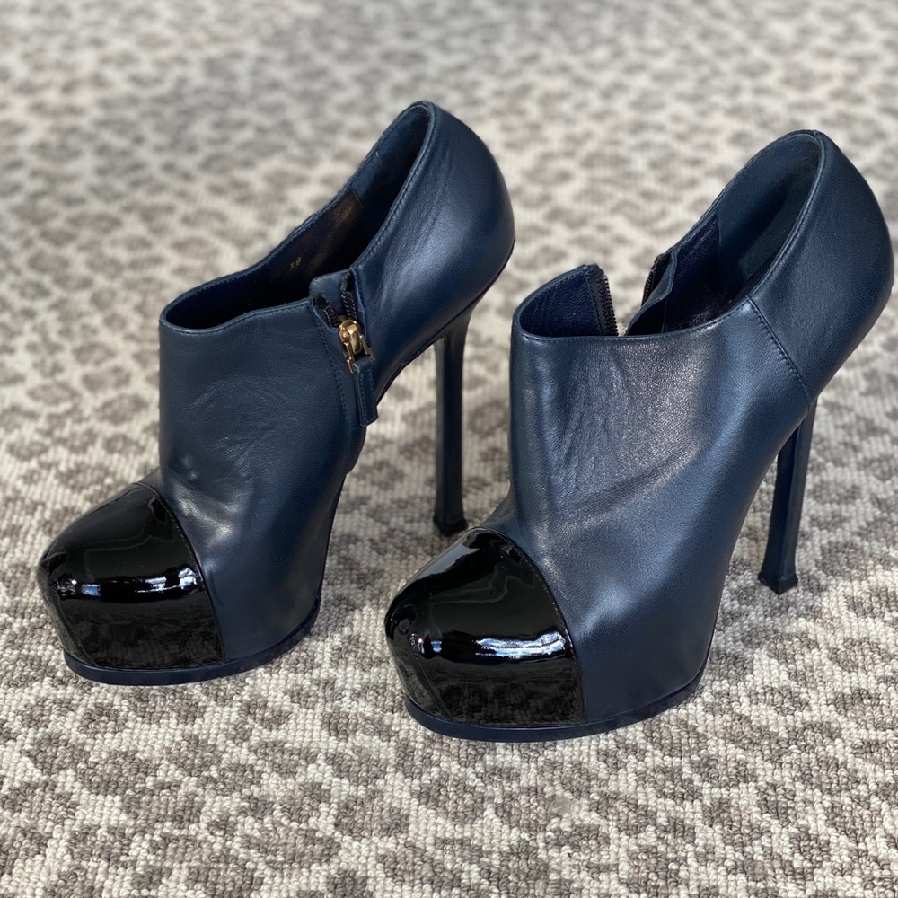 YSL Navy & Black Leather Platform Booties - 38